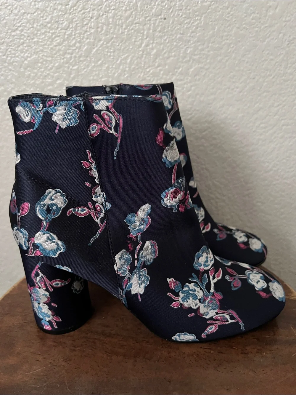 Floral Embroidered Navy Ankle Boots - Women's